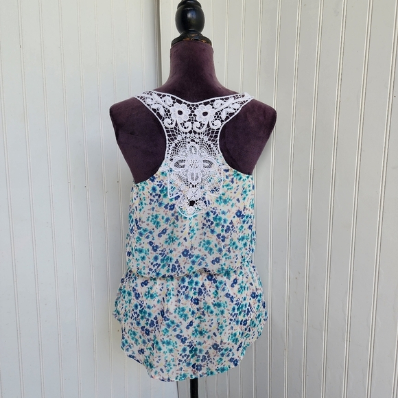 LC LAUREN CONRAD Crochet Racerback Floral Top White Blue Women’s Top Sheer Sz S - Picture 1 of 13